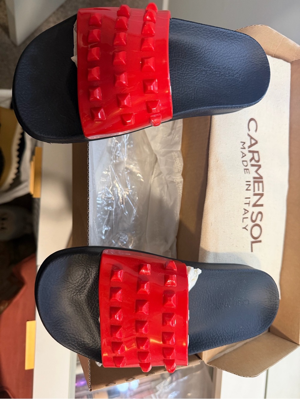 Carmen Sol Red Stud-Accent Slide Sandals for Women